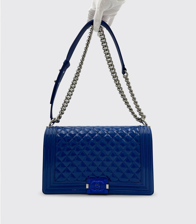 Chanel Old Medium Boy Bag Royal Blue Patent Leather