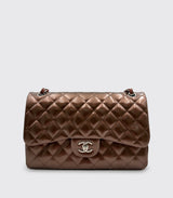 Chanel Classic Double Flap Bag Quilted Striated Metallic Patent Jumbo Brown