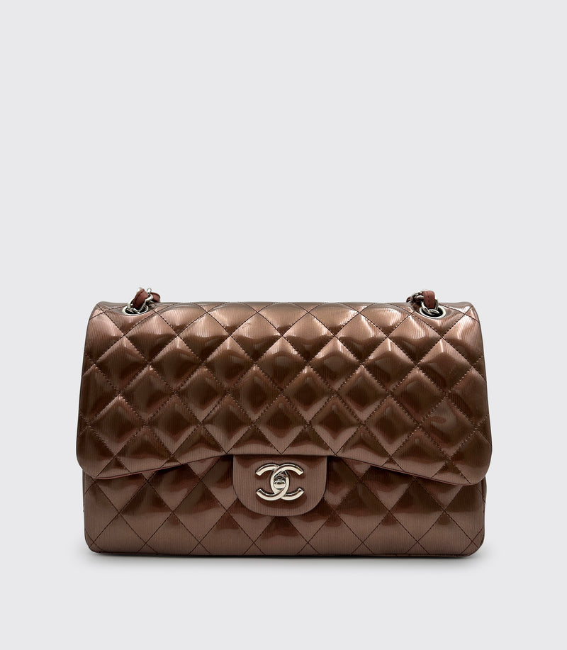 Chanel Classic Double Flap Bag Quilted Striated Metallic Patent Jumbo Brown