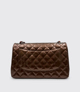 Chanel Classic Double Flap Bag Quilted Striated Metallic Patent Jumbo Brown