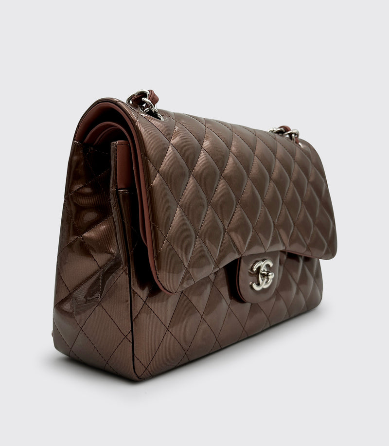 Chanel Classic Double Flap Bag Quilted Striated Metallic Patent Jumbo Brown