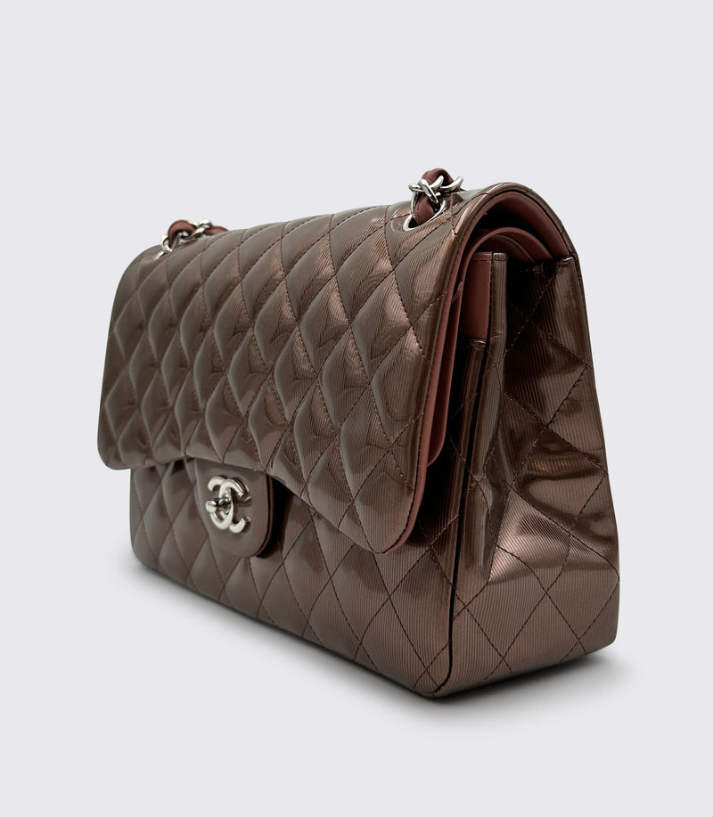 Chanel Classic Double Flap Bag Quilted Striated Metallic Patent Jumbo Brown