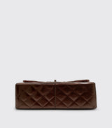 Chanel Classic Double Flap Bag Quilted Striated Metallic Patent Jumbo Brown