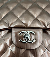 Chanel Classic Double Flap Bag Quilted Striated Metallic Patent Jumbo Brown