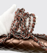 Chanel Classic Double Flap Bag Quilted Striated Metallic Patent Jumbo Brown