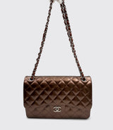 Chanel Classic Double Flap Bag Quilted Striated Metallic Patent Jumbo Brown