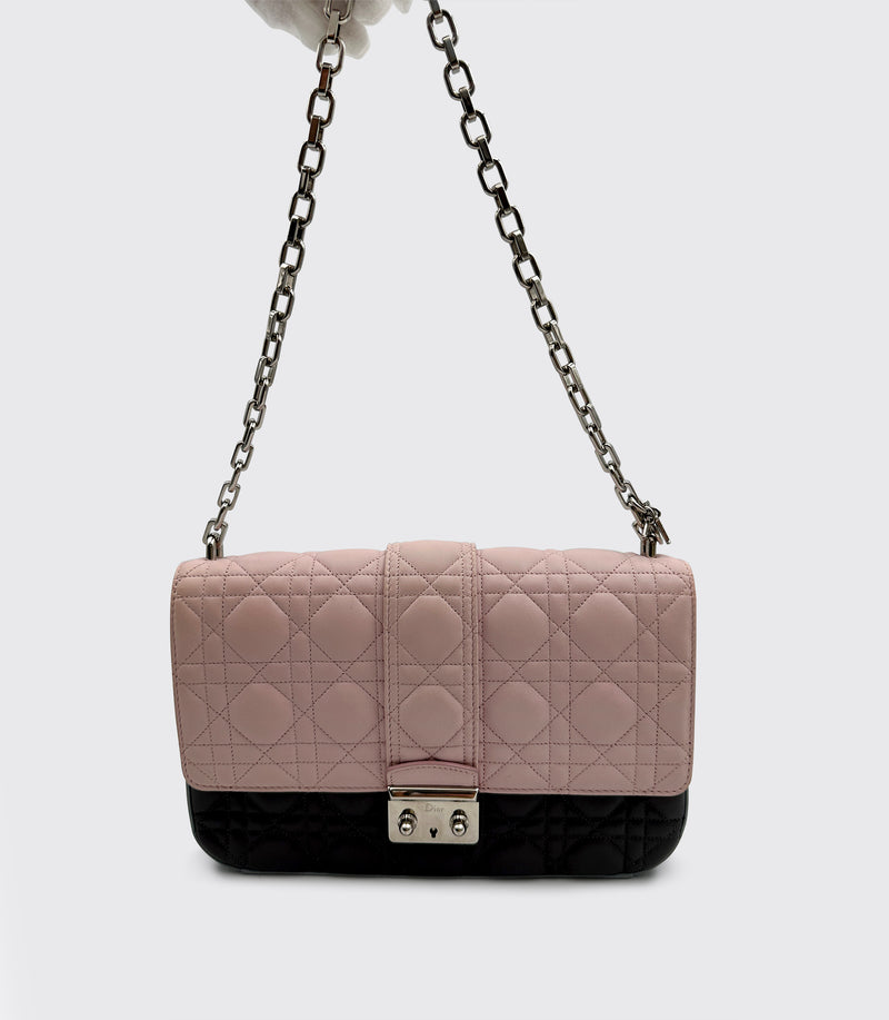 Christian Dior Miss Dior Pink Grey Lambskin Cannage Quilt Flap Bag